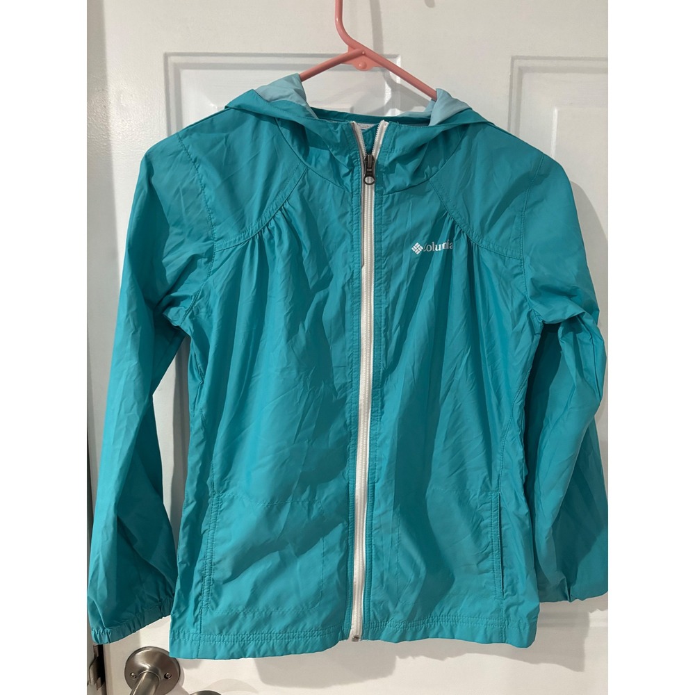 Columbia Teal Blue Hooded‎ Windbreaker Jacket Kids Medium Lightweight Full Zip